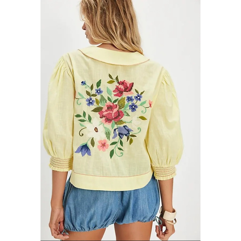 Free People Ryland Blouse Embroidered Floral Button Down Yellow Boho S NWT